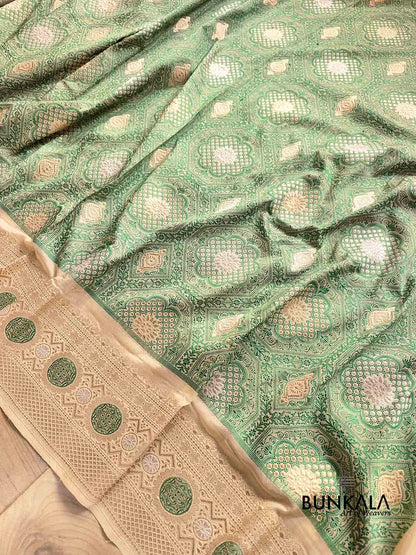 Beige and Green Jharokha Mughal Design Sona Rupa Zari Pure Silk by Georgette Kadwa Handweaved Banarasi Saree