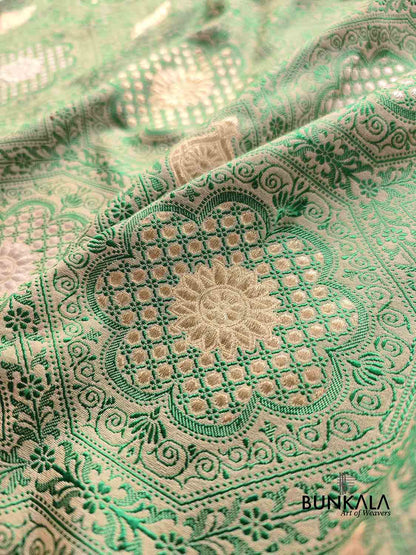 Beige and Green Jharokha Mughal Design Sona Rupa Zari Pure Silk by Georgette Kadwa Handweaved Banarasi Saree