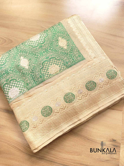 Beige and Green Jharokha Mughal Design Sona Rupa Zari Pure Silk by Georgette Kadwa Handweaved Banarasi Saree