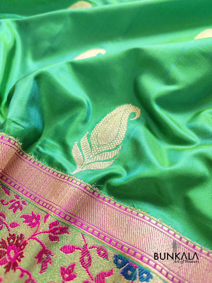 Green Two Tone Color Pure Katan Silk Allover Paisley Buti Double Tana Banarasi Saree with Kadwa Handweaved Big Meenakari Border