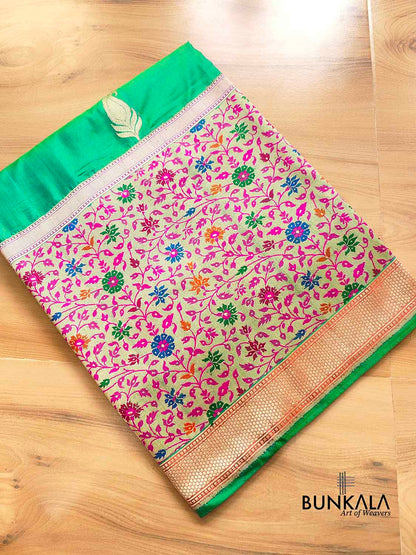 Green Two Tone Color Pure Katan Silk Allover Paisley Buti Double Tana Banarasi Saree with Kadwa Handweaved Big Meenakari Border