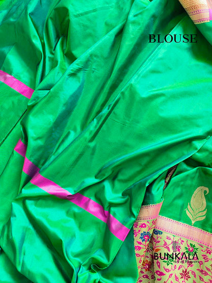 Green Two Tone Color Pure Katan Silk Allover Paisley Buti Double Tana Banarasi Saree with Kadwa Handweaved Big Meenakari Border