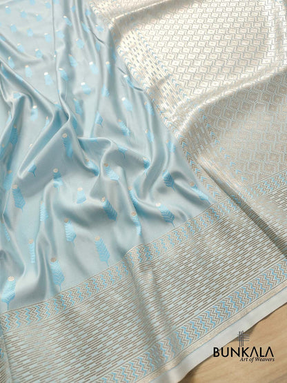 Pastel Sky Blue Jamewar Weaved Soft Mashru Silk Allover Buti Design Banarasi Saree