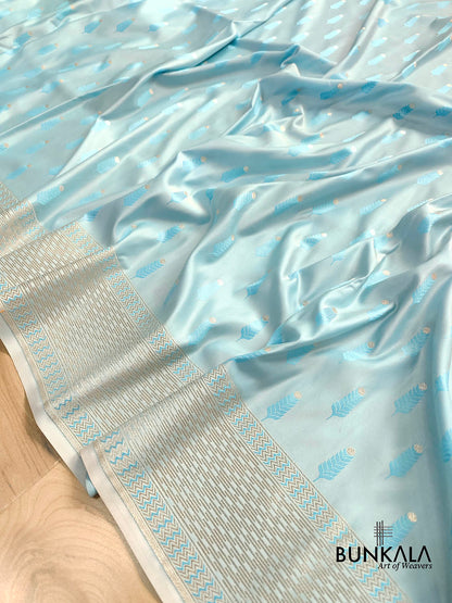 Pastel Sky Blue Jamewar Weaved Soft Mashru Silk Allover Buti Design Banarasi Saree