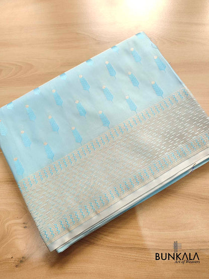 Pastel Sky Blue Jamewar Weaved Soft Mashru Silk Allover Buti Design Banarasi Saree