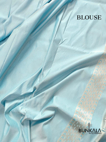 Pastel Sky Blue Jamewar Weaved Soft Mashru Silk Allover Buti Design Banarasi Saree