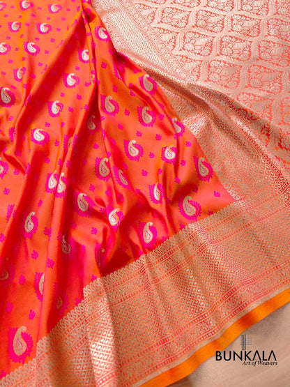 Pink and Orange Two Tone Jamewar Weaved Soft Mashru Silk Allover Small Paisley Buti Design Saree