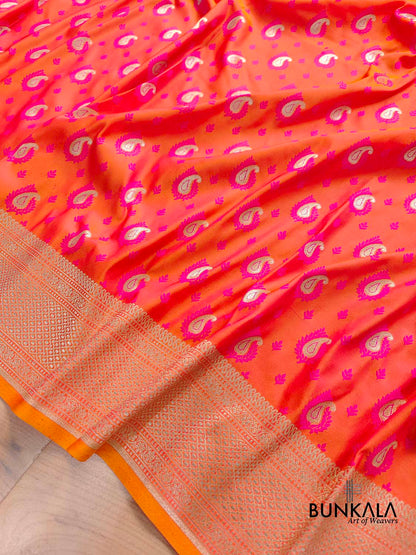 Pink and Orange Two Tone Jamewar Weaved Soft Mashru Silk Allover Small Paisley Buti Design Saree