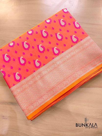Pink and Orange Two Tone Jamewar Weaved Soft Mashru Silk Allover Small Paisley Buti Design Saree