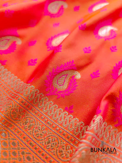 Pink and Orange Two Tone Jamewar Weaved Soft Mashru Silk Allover Small Paisley Buti Design Saree
