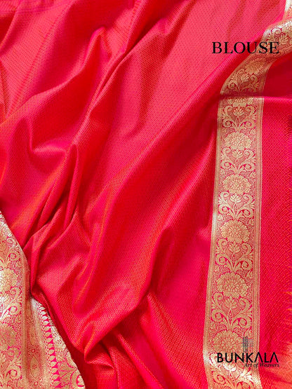 Reddish Pink Jamewar Weaved Soft Mashru Silk Banarasi Saree