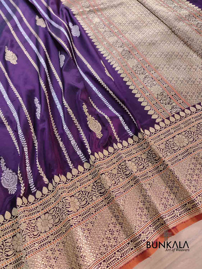 Purple Stripes Pure Katan Silk Handloom Banarasi Saree