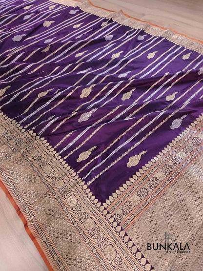 Purple Stripes Pure Katan Silk Handloom Banarasi Saree