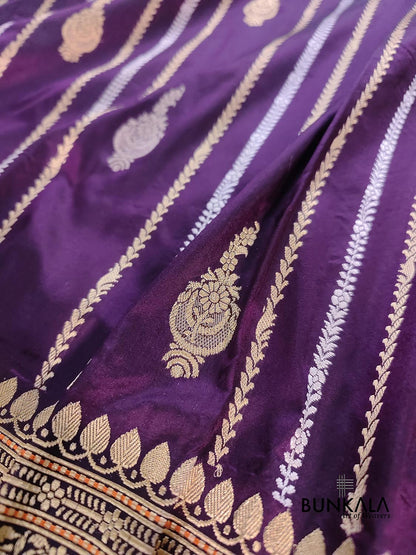 Purple Stripes Pure Katan Silk Handloom Banarasi Saree