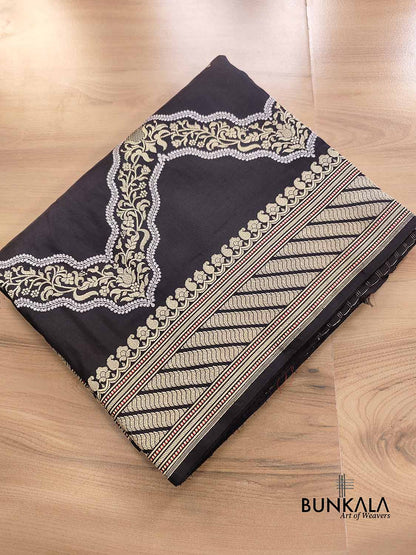 Jet Black Zig Zag Pure Katan Silk Kadwa Hand Weaved Banarasi Saree