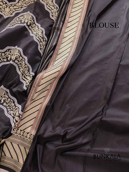 Jet Black Zig Zag Pure Katan Silk Kadwa Hand Weaved Banarasi Saree