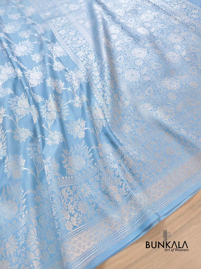 Light Blue Floral Pure Katan Silk Handloom Banarasi Saree