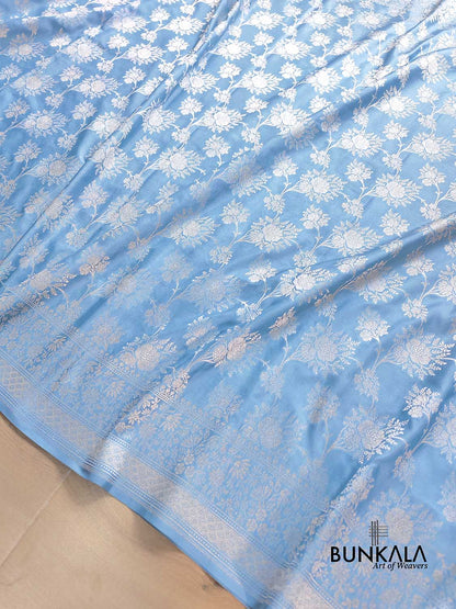 Light Blue Floral Pure Katan Silk Handloom Banarasi Saree
