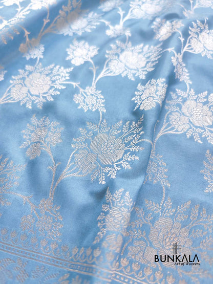 Light Blue Floral Pure Katan Silk Handloom Banarasi Saree