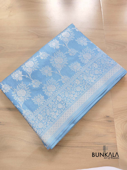 Light Blue Floral Pure Katan Silk Handloom Banarasi Saree