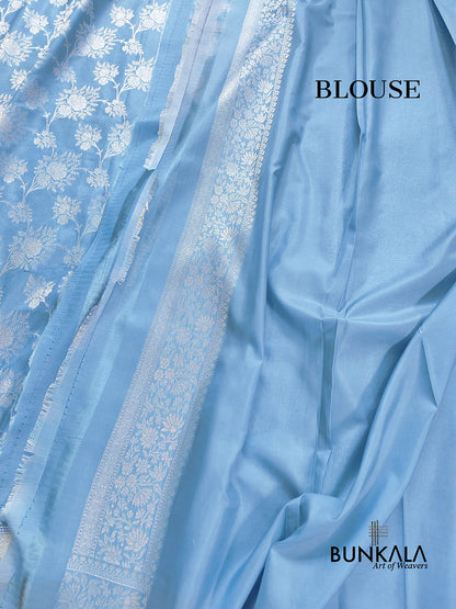 Light Blue Floral Pure Katan Silk Handloom Banarasi Saree