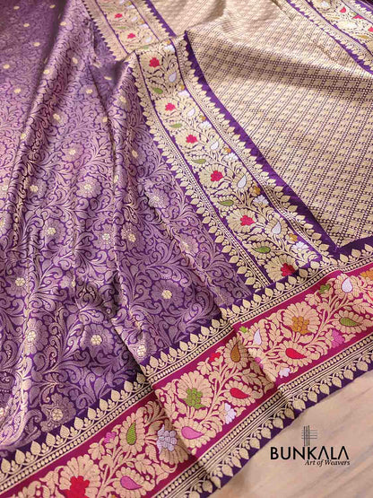 Purple Brocade Pure Katan Silk Handloom Meenakari Banarasi Saree