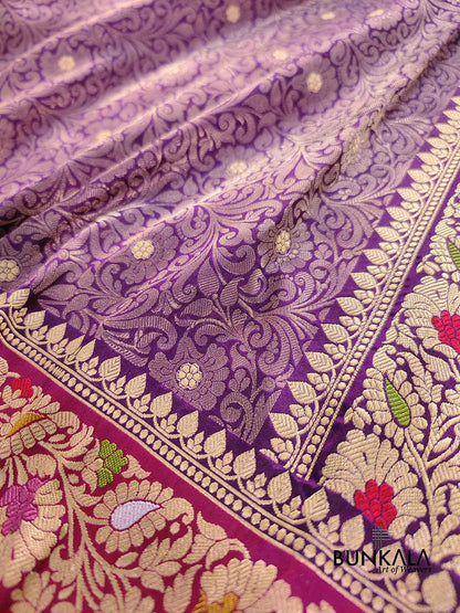 Purple Brocade Pure Katan Silk Handloom Meenakari Banarasi Saree