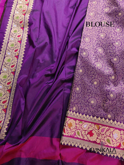 Purple Brocade Pure Katan Silk Handloom Meenakari Banarasi Saree