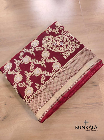 Dark Maroon Pure Katan Silk Handloom Banarasi Saree