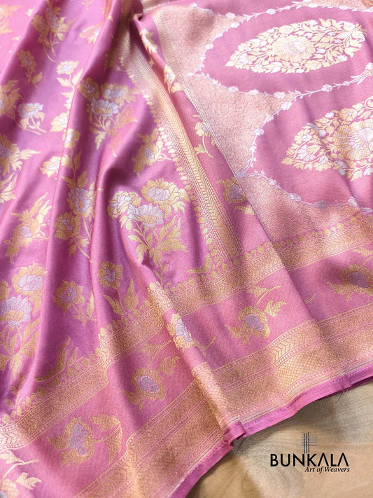 Dusty Rose Pink Flower Bunch Sona Rupa Weaved Banarasi Silk Saree