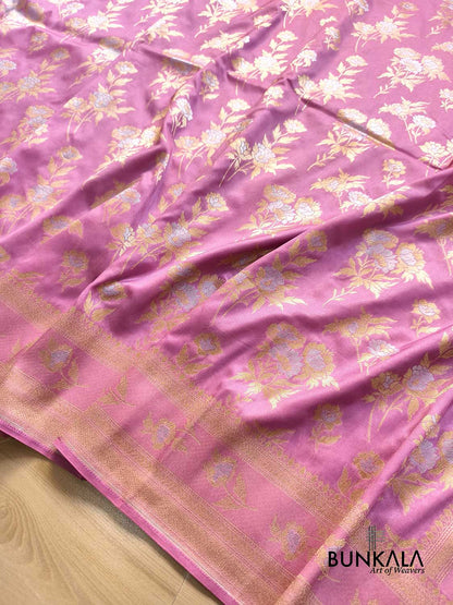 Dusty Rose Pink Flower Bunch Sona Rupa Weaved Banarasi Silk Saree