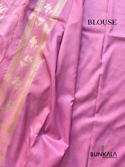 Dusty Rose Pink Flower Bunch Sona Rupa Weaved Banarasi Silk Saree