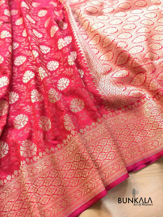 Raspberry Pink Flower Motif Leaf Jaal Weaved Banarasi Silk Saree
