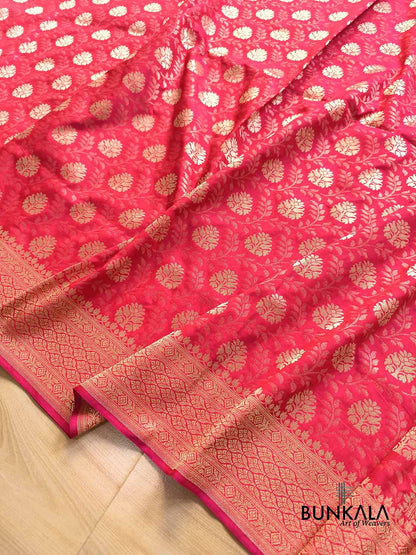 Raspberry Pink Flower Motif Leaf Jaal Weaved Banarasi Silk Saree