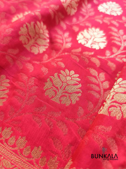 Raspberry Pink Flower Motif Leaf Jaal Weaved Banarasi Silk Saree