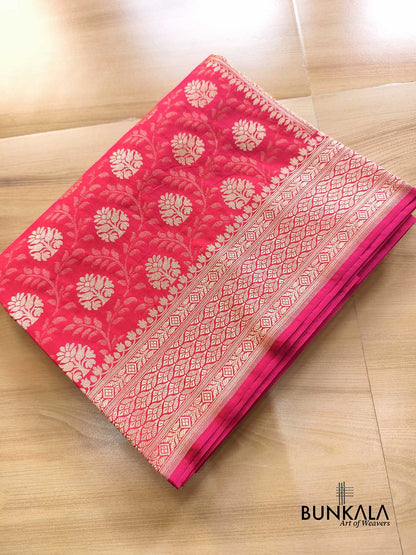 Raspberry Pink Flower Motif Leaf Jaal Weaved Banarasi Silk Saree