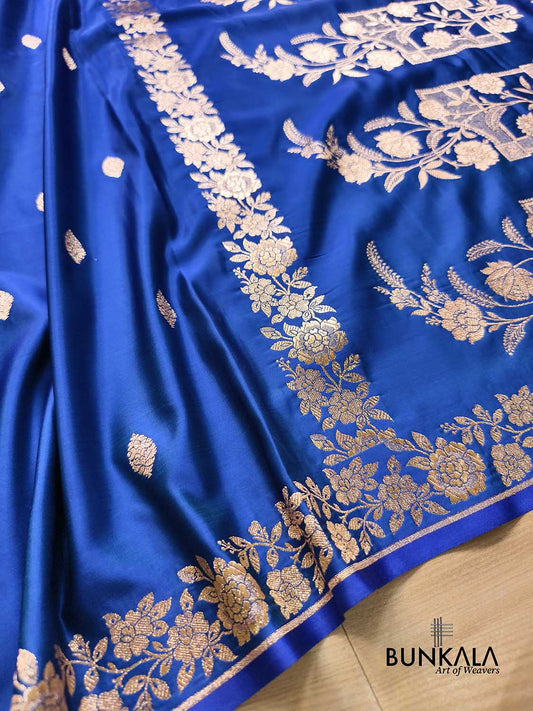 Royal Blue Floral Border Weaved Banarasi Mashru Silk Saree