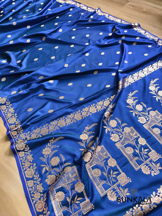 Royal Blue Floral Border Weaved Banarasi Mashru Silk Saree