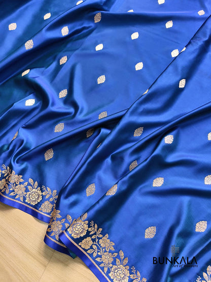 Royal Blue Floral Border Weaved Banarasi Mashru Silk Saree