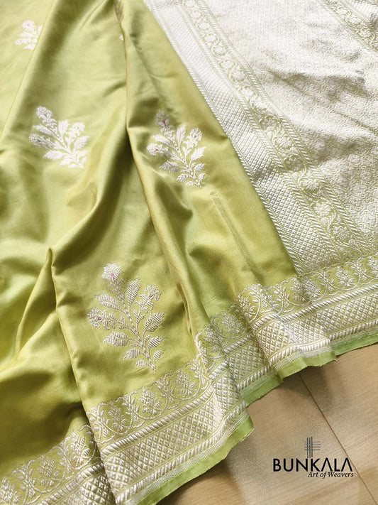 Lime Green Silver Zari Ektara Big Floral Buta Kadwa Handwoven Banarasi Pure Katan Silk Saree