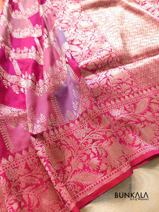 Rangkat Reddish Pink Chevron Mughal Jaal Border Kadwa Handweaved Banarasi Pure Katan Silk Saree