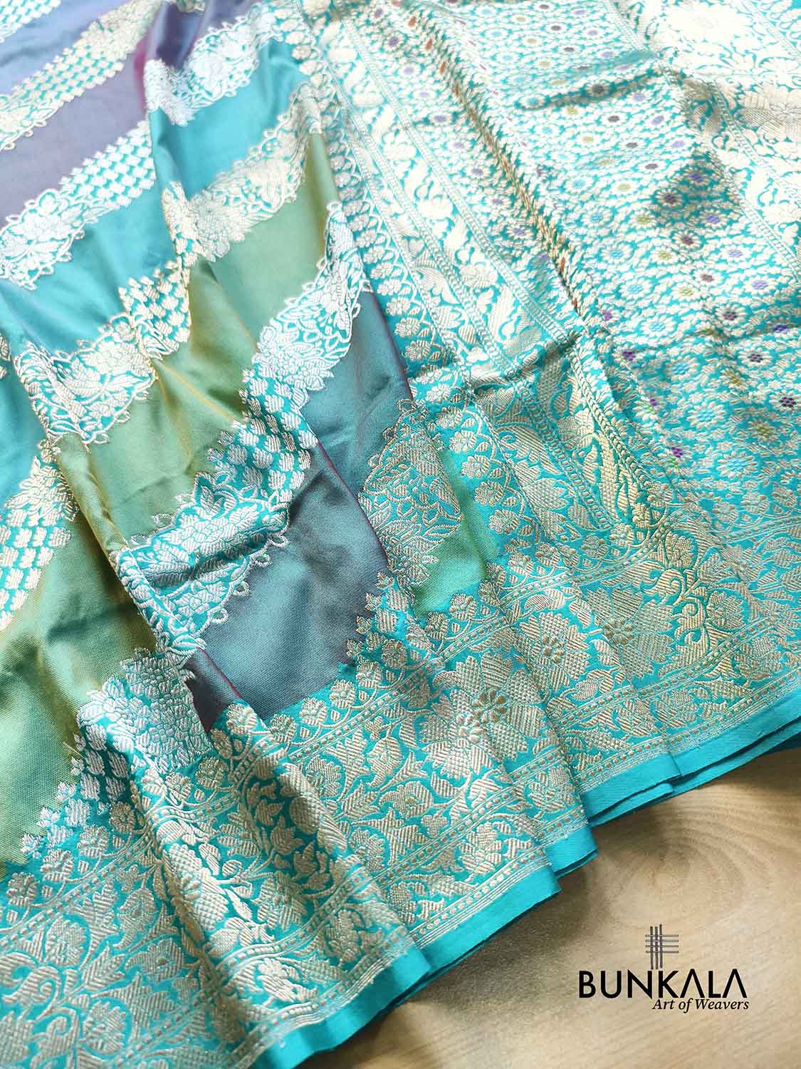 Pastel Turquoise Blue Rangkat Diagonal Stripe Meena Pallu Kadwa Handweaved Banarasi Pure Katan Silk Saree