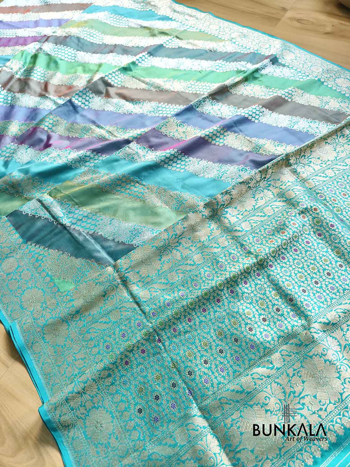 Pastel Turquoise Blue Rangkat Diagonal Stripe Meena Pallu Kadwa Handweaved Banarasi Pure Katan Silk Saree