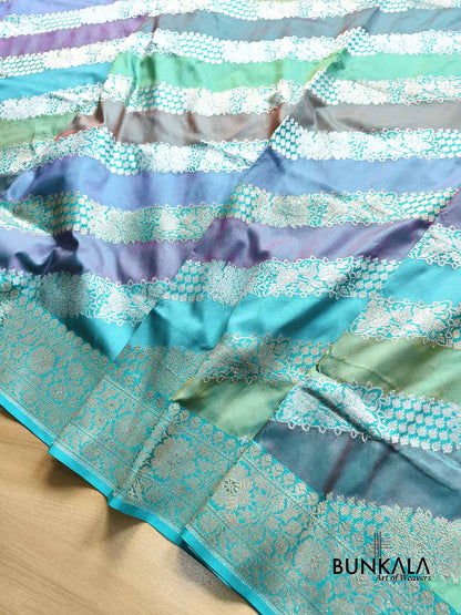 Pastel Turquoise Blue Rangkat Diagonal Stripe Meena Pallu Kadwa Handweaved Banarasi Pure Katan Silk Saree