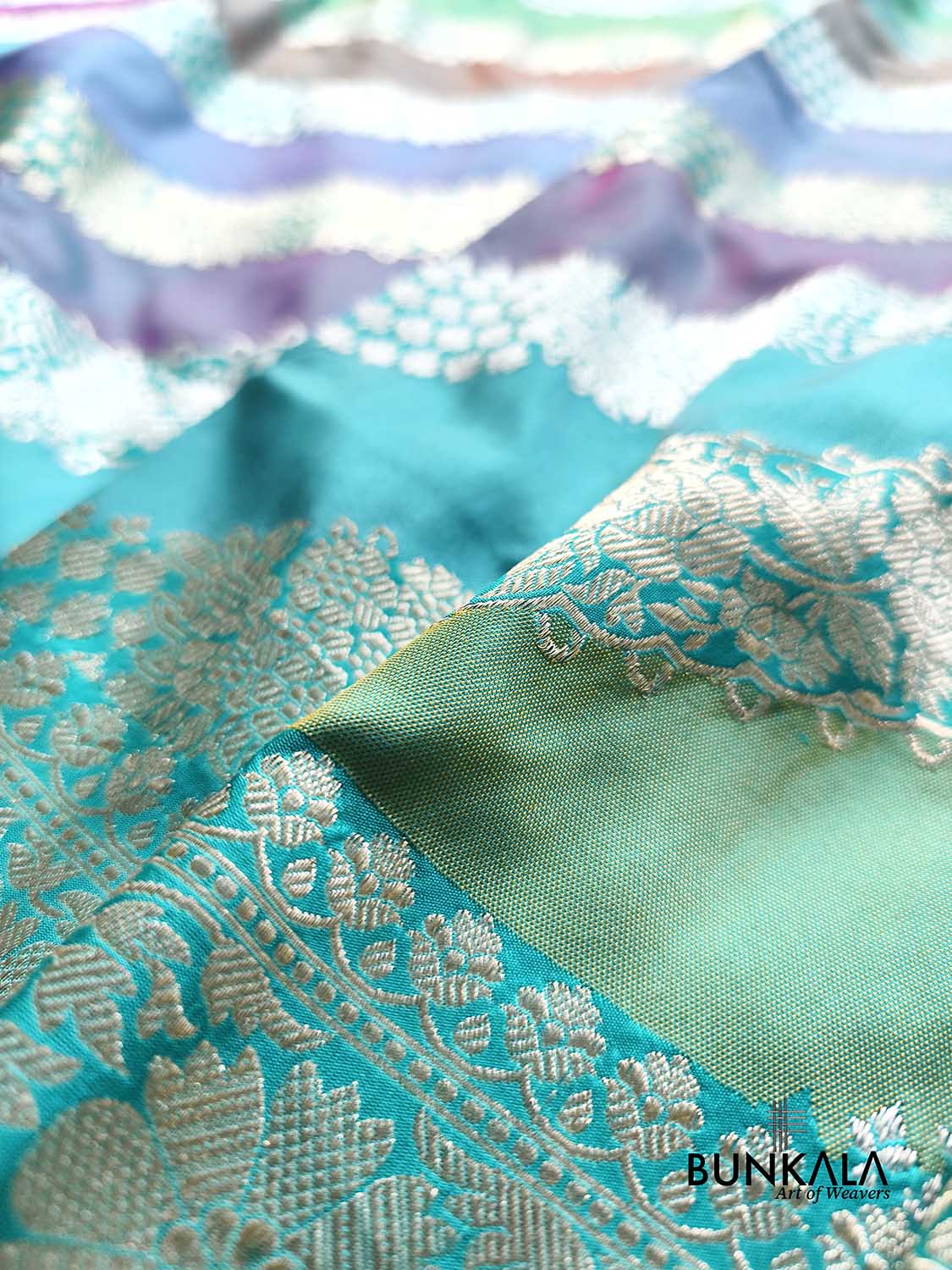 Pastel Turquoise Blue Rangkat Diagonal Stripe Meena Pallu Kadwa Handweaved Banarasi Pure Katan Silk Saree