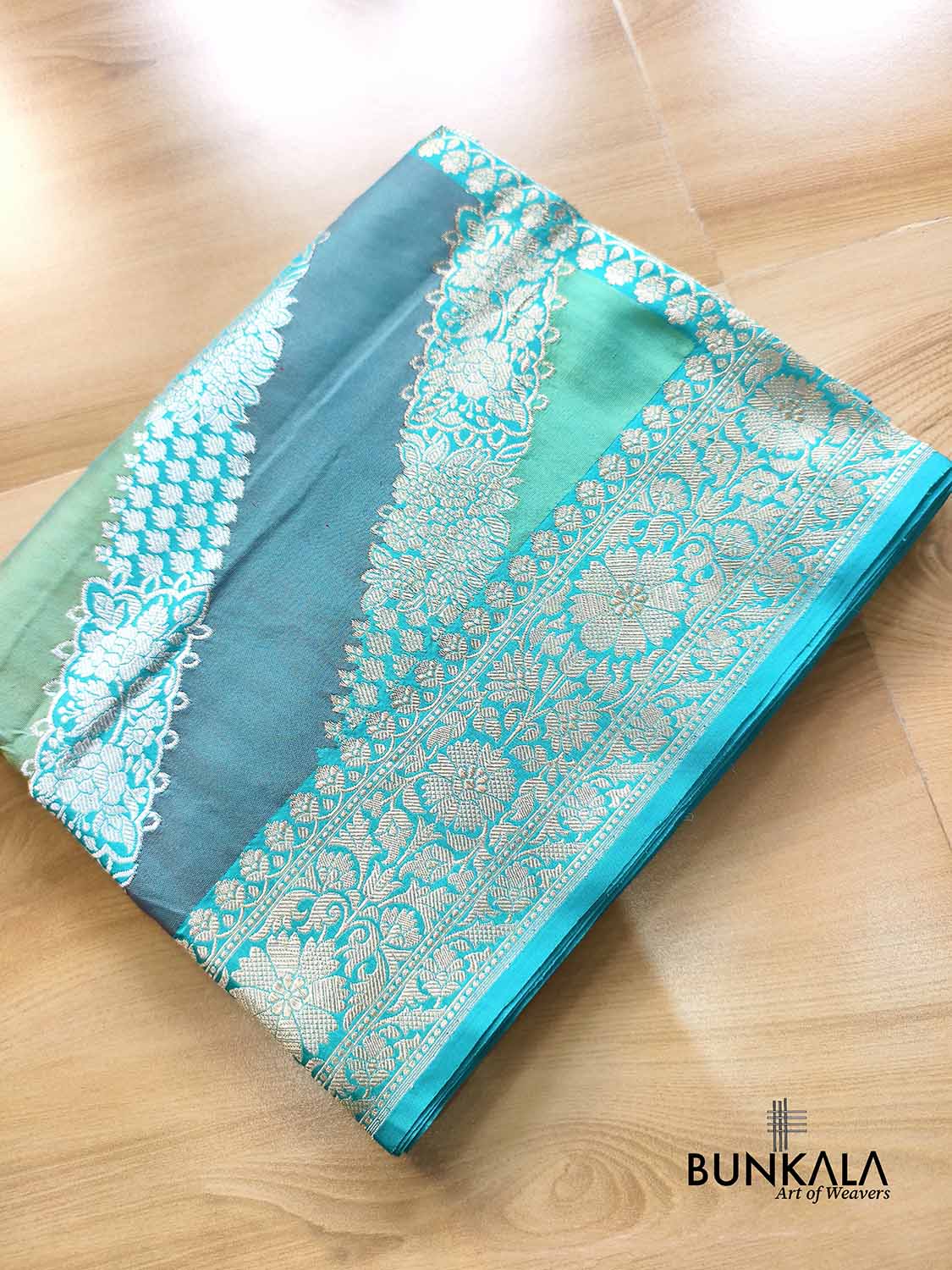 Pastel Turquoise Blue Rangkat Diagonal Stripe Meena Pallu Kadwa Handweaved Banarasi Pure Katan Silk Saree