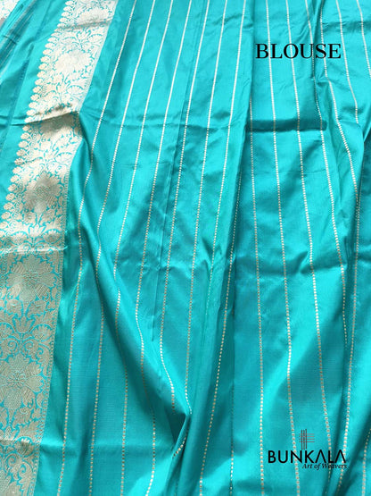 Pastel Turquoise Blue Rangkat Diagonal Stripe Meena Pallu Kadwa Handweaved Banarasi Pure Katan Silk Saree