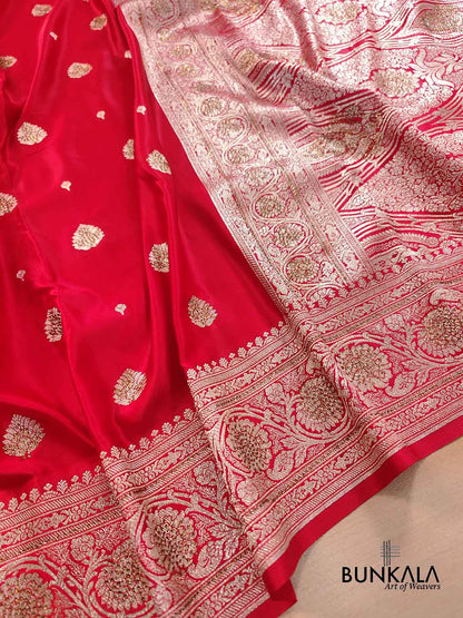 Siroski Bright Red Soft Mashru Silk Allover Small Buti Weaved Banarasi Saree