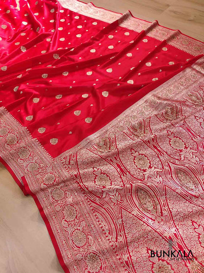 Siroski Bright Red Soft Mashru Silk Allover Small Buti Weaved Banarasi Saree