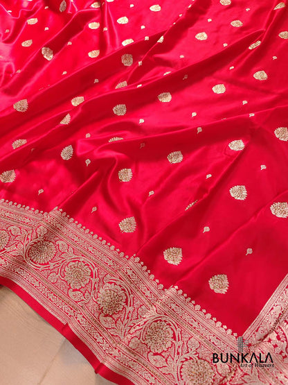Siroski Bright Red Soft Mashru Silk Allover Small Buti Weaved Banarasi Saree